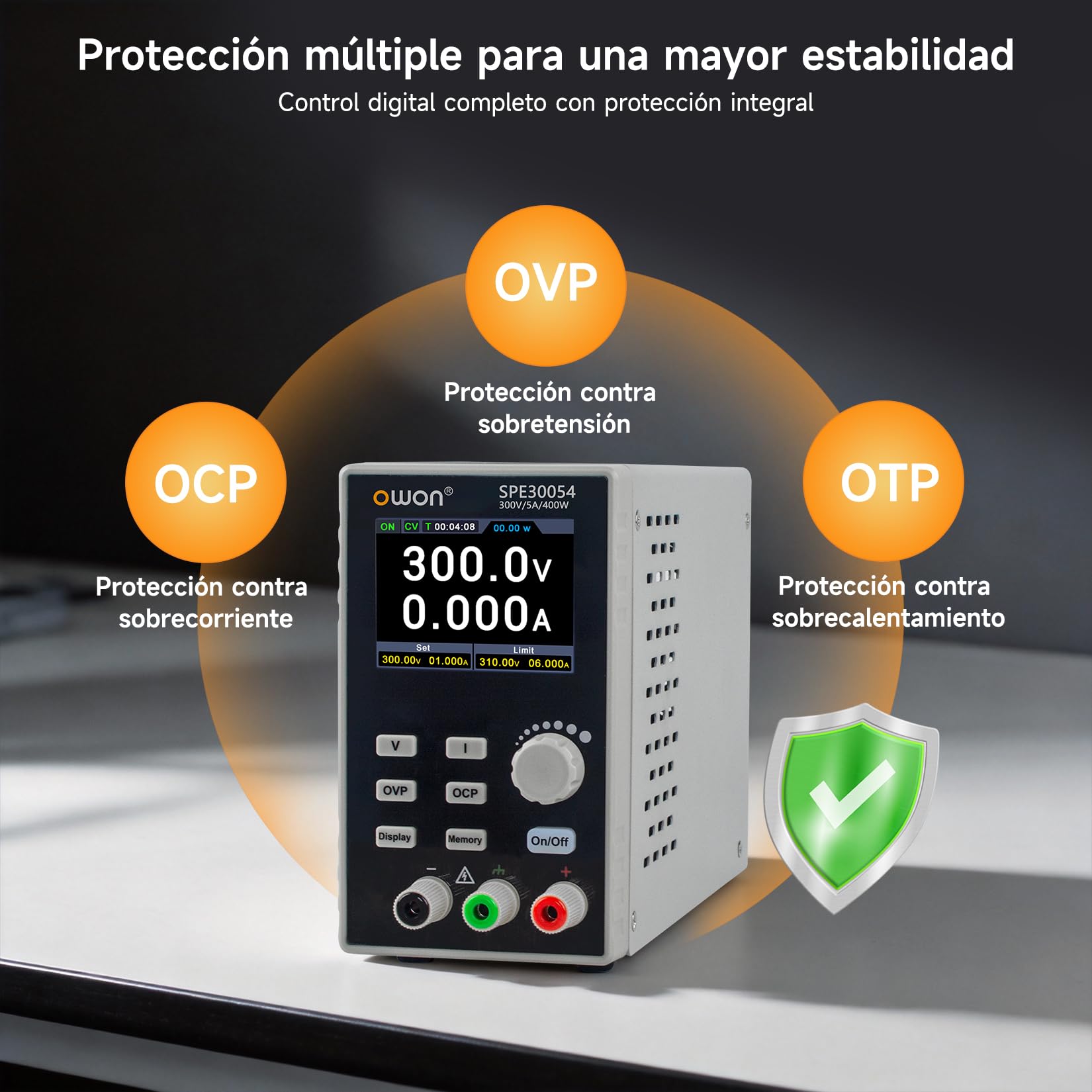 OWON SPE30054 Fuente de Alimentación DC Programable 300V 5A 400W, Salida Única, Modos CV/CC, Interfaz USB, Soporte Modbus y SCPI