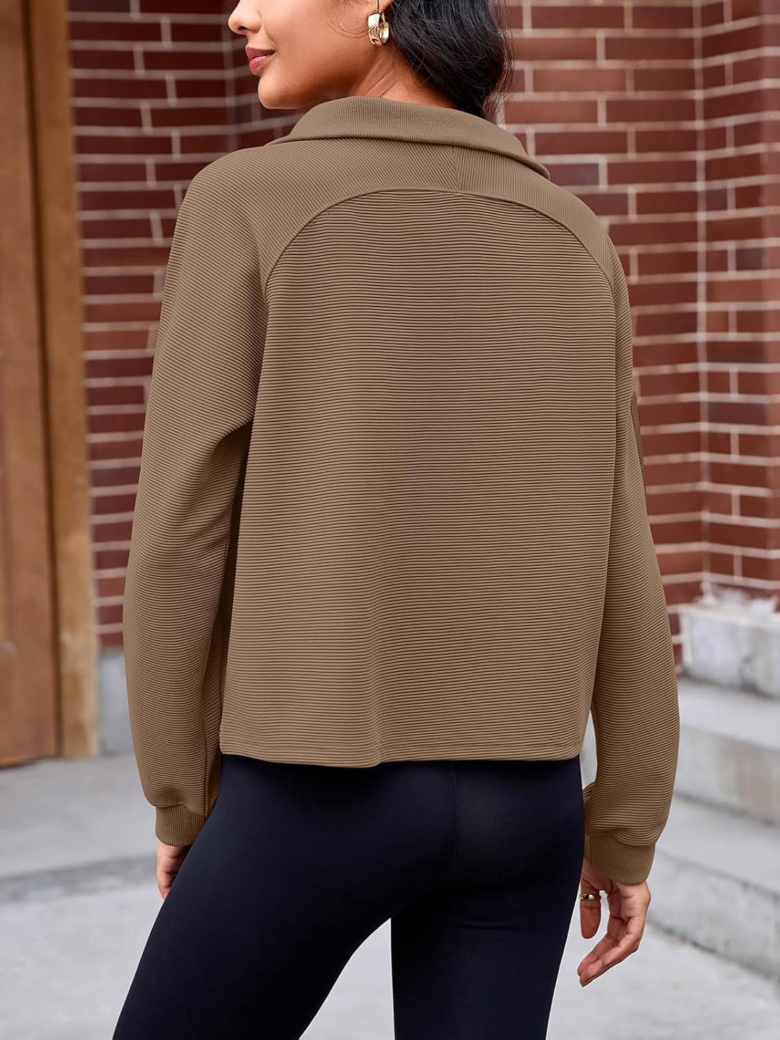 Womens Cropped Sweatshirts Henley V Neck Long Sleeve Button Pullover Lightweight Casual Tops - Image 5