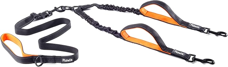 Floxik Complete Double Leash Set, Premium Reflective Flexible Dog Leash for Two Dogs, with Short Support - Black