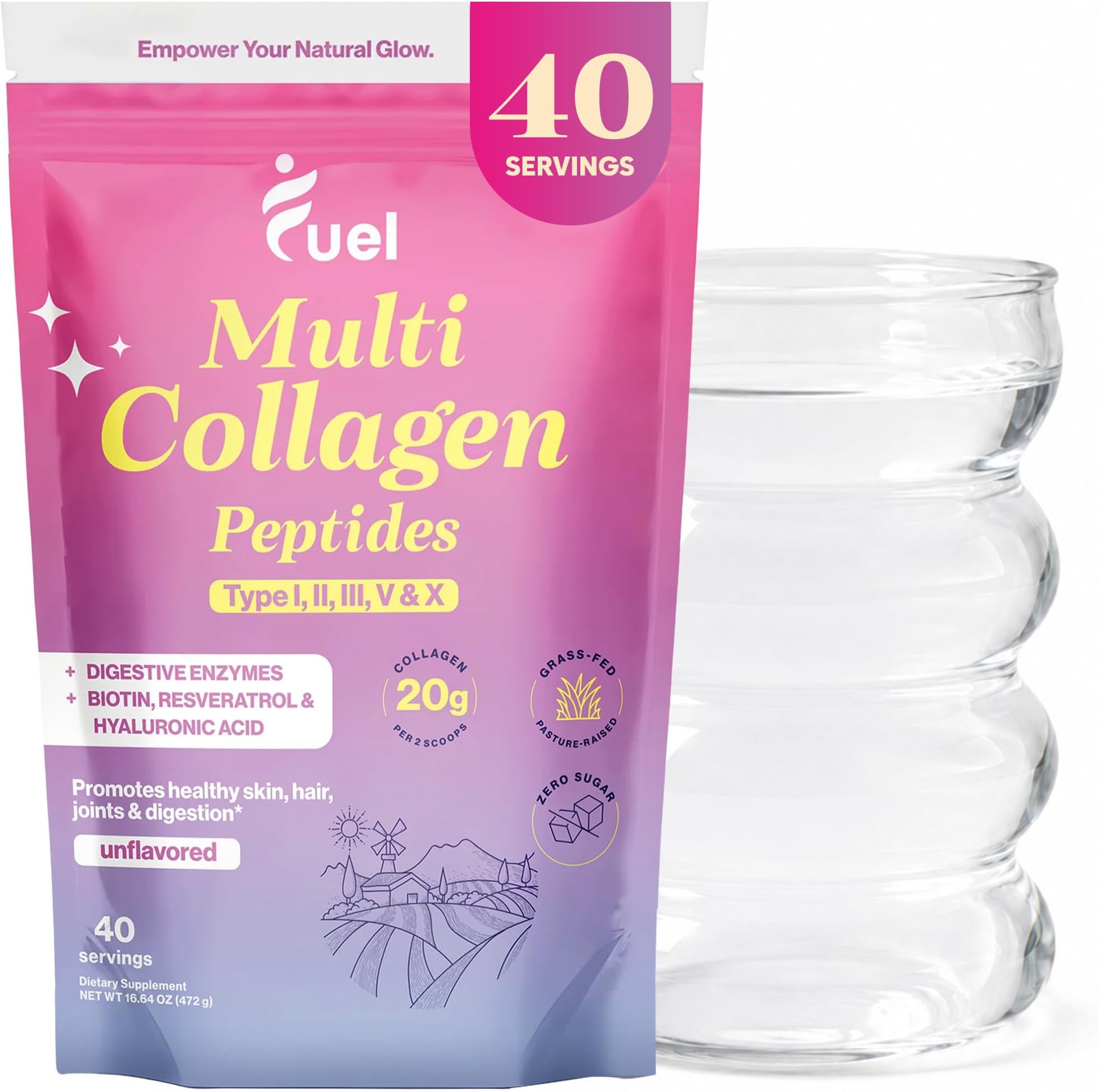 Fuel Multi Collagen Peptides Powder, Unflavored, 40 Servings (16.64oz) | 20g Hydrolyzed Collagen Types I, II, III, V & X, Hair, Skin, Nails & Joint Support, Keto & Gluten Free