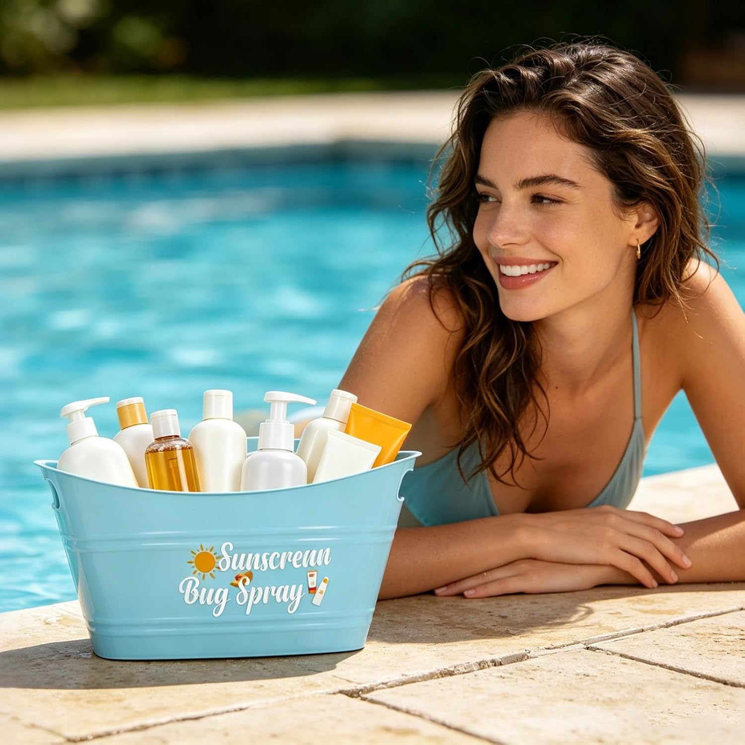 4.5L Sunscreen Pool Storage Bucket, Plastic Poolside Storage Basket with Handle Above Ground Pool Oval Storing Bin for Outdoor Swimming Pools Beach Sunblock Sunglasses Towel, Blue