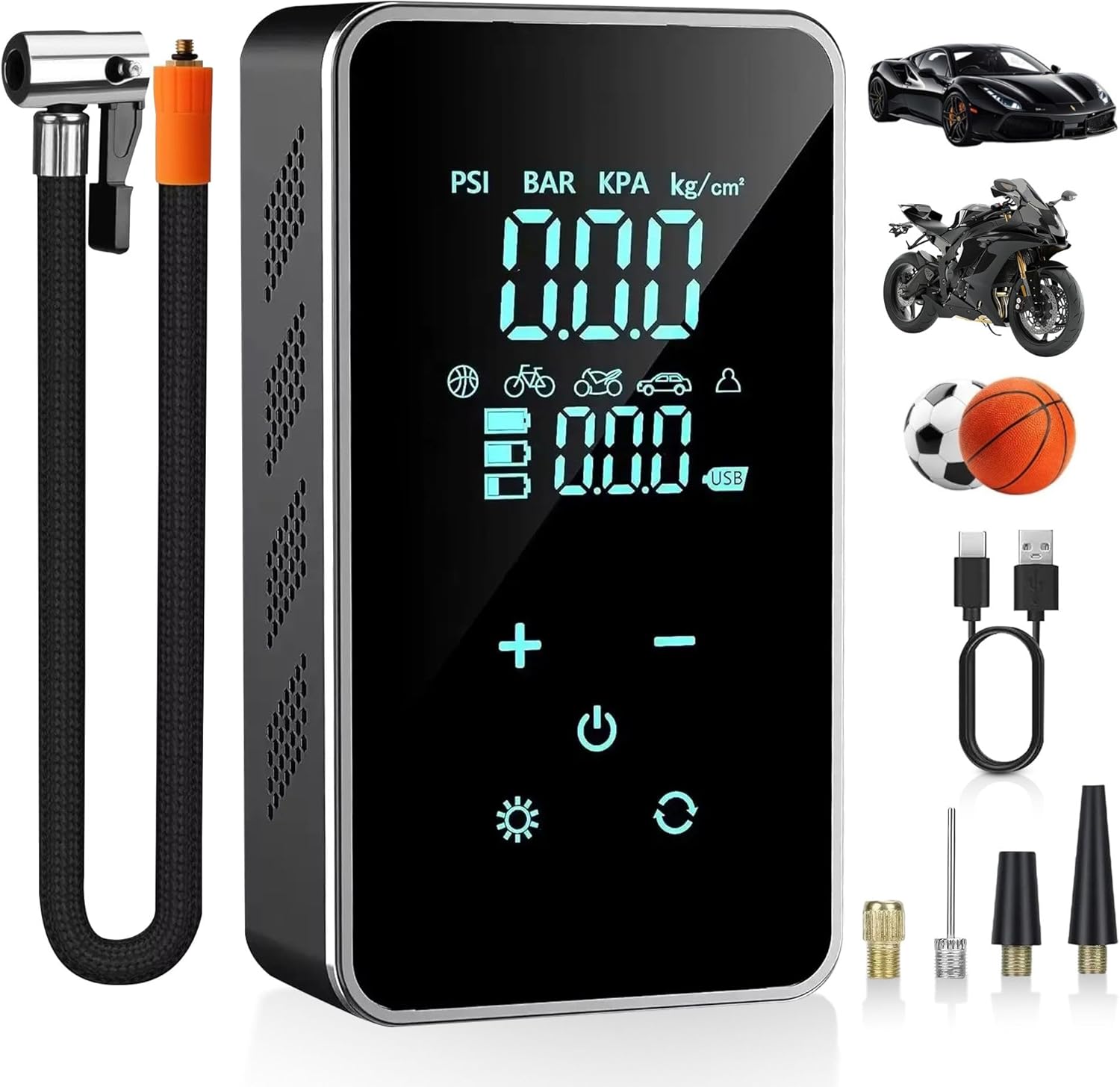 OAF Portable Tire Inflator Air Compressor – Cordless 150 PSI Digital Car Tire Pump with Auto Shut-Off, LED Light & Nozzles for Car, Motorcycle, Bike, Balls & Inflatables