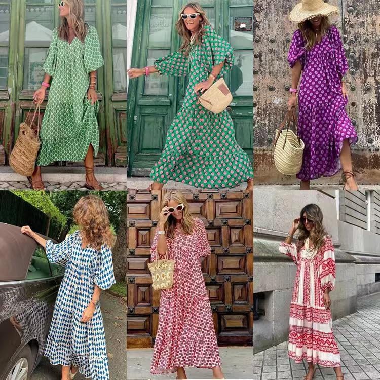 Womens 2024 Casual Boho Maxi Dresses V Neck 3/4 Puff Sleeve Geometric Pattern Smocked Ruffle Beach Long Sundress - Image 6