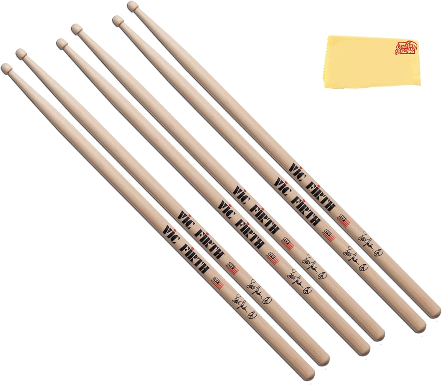 Vic Firth Signature Series Steve Jordan Drumsticks - 3-Pack Bundle with Austin Bazaar Polishing Cloth