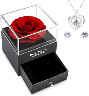Christmas Gifts for Mother's Day Eternal Real Rose Red Preserved Rose Gift Necklace Earrings Gift Box Real Rose Flower Gift for Mothers Mom Rose for Mother's Day Her