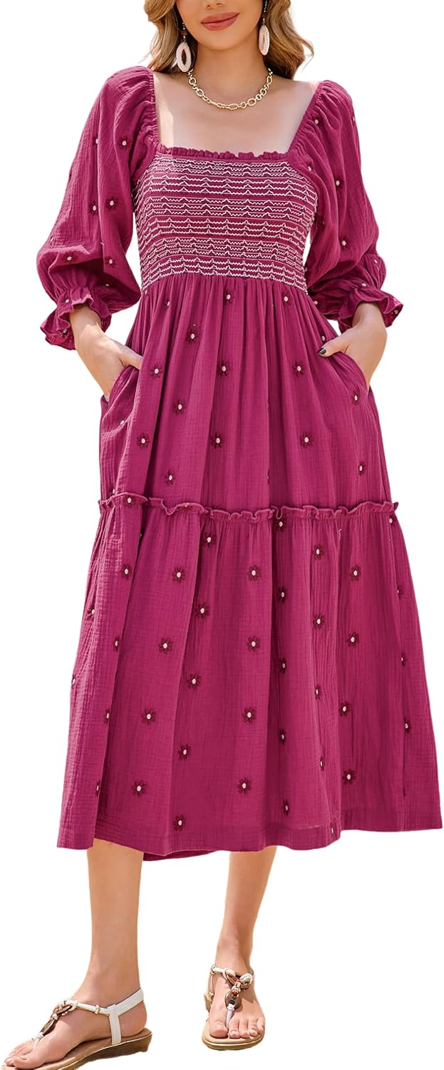 R.Vivimos Women's Long Sleeve Cotton Boho Midi Dress Vintage Square Neck Floral Embroidered Tiered Ruffle Flowy Pockets Dress
