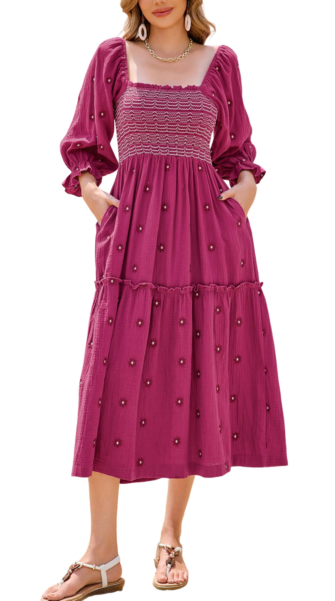 R.Vivimos Women's Long Sleeve Cotton Boho Midi Dress Vintage Square Neck Floral Embroidered Tiered Ruffle Flowy Pockets Dress