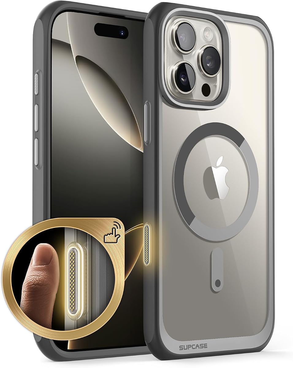 SUPCASE Funda para iPhone 16 Pro Max con botón de captura de control de cámara (Unicorn Beetle Mag), [Compatible con MagSafe] [Protección de grado militar] Funda magnética delgada y transparente para teléfono (gris)