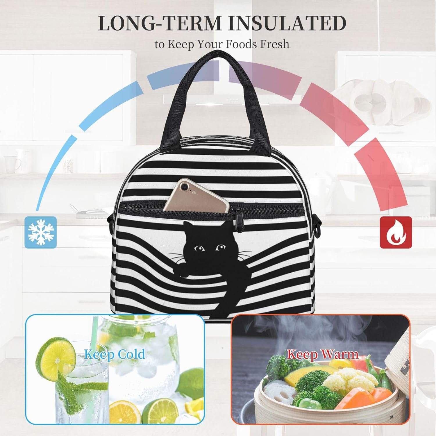 Black Cat Reusable Insulated Lunch Box Waterproof Lunch Bag with Detachable and Adjustable Shoulder Strap for Office Picnic or Travel - Image 5