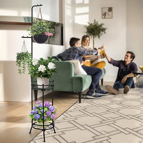 Miniatura 7 de Soportes ajustables de metal para 4 macetas, 2 niveles de 72 pulgadas de alto, para interiores y exteriores, estante resistente con colgadores,