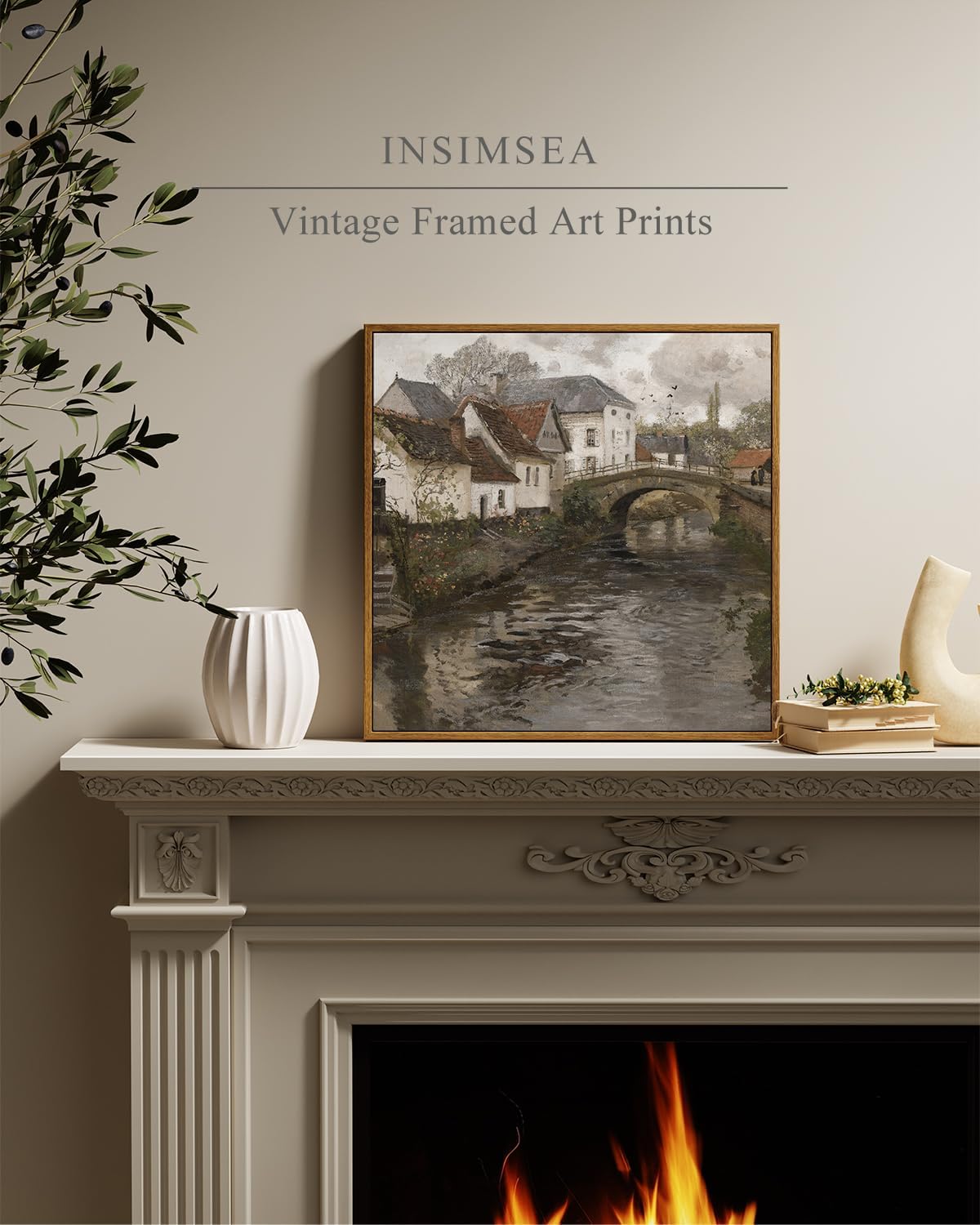 insimsea square framed canvas wall art, vintage landscape prints riverside small town large canvas prints home decor, rustic farmhouse wall decor for bedroom living room, retro room decor 16"x16" small town 16"l x 16"w