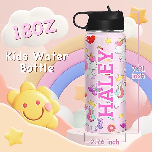 Miniatura 7 de PUREFLY Botellas de agua personalizadas para niños para la escuela con nombre o texto, botella de agua deportiva de acero inoxidable aislada