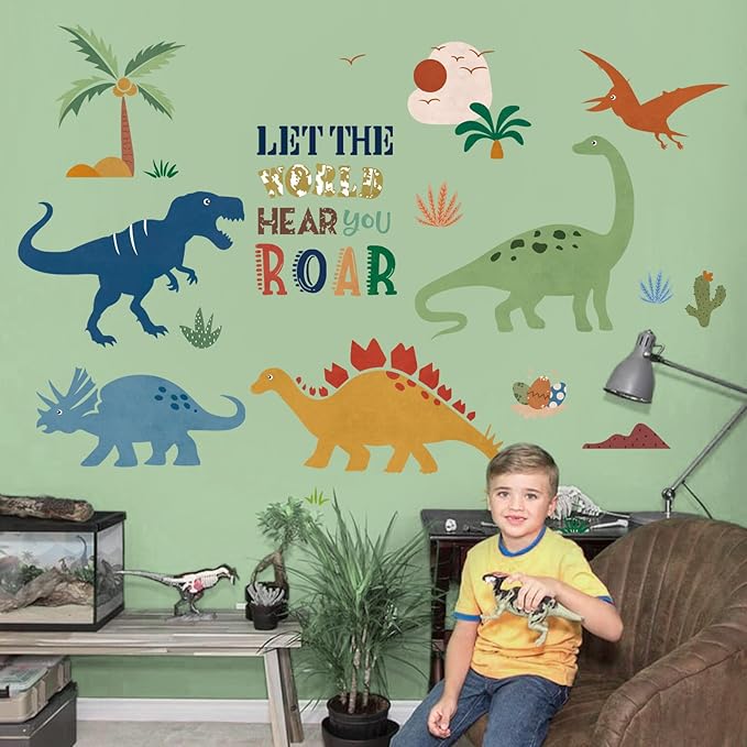 Vinilo Decorativo Boho Dinosaurio con Árbol y Palmas Habitación Infantil miniatura 2