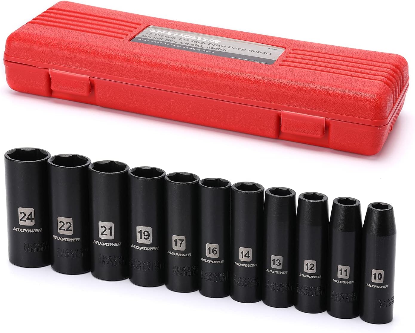 MIXPOWER 11-Piece 1/2-Inch Drive Deep Impact Socket Set, CR-V, Metric, 6 Point, Deep, 10-24mm