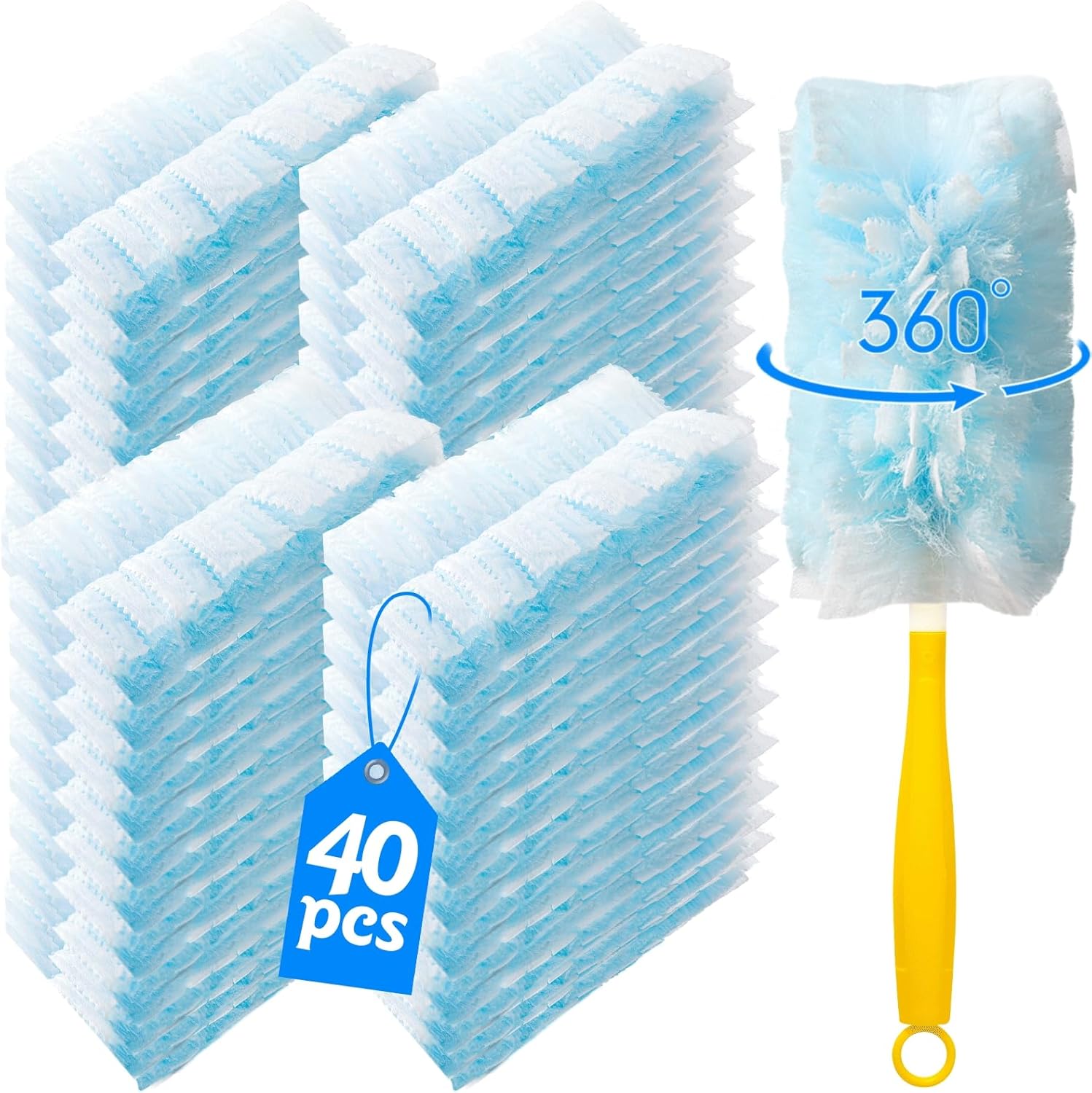 40 Count 360° Heavy Duty Duster Refills Compatible with Swiffer, Large Size-Extra Thick Disposable Electrostatic Duster Refill with 1 Short Handle for Furniture, Blinds, Ceiling Fans