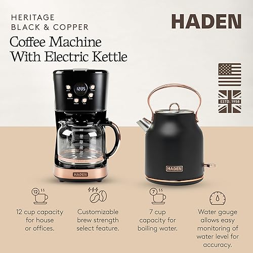 Miniatura 2 de HADEN Hervidor eléctrico Heritage de acero inoxidable de 1.7 litros con cafetera de goteo de 12 tazas, cafetera con apagado automático, negro y