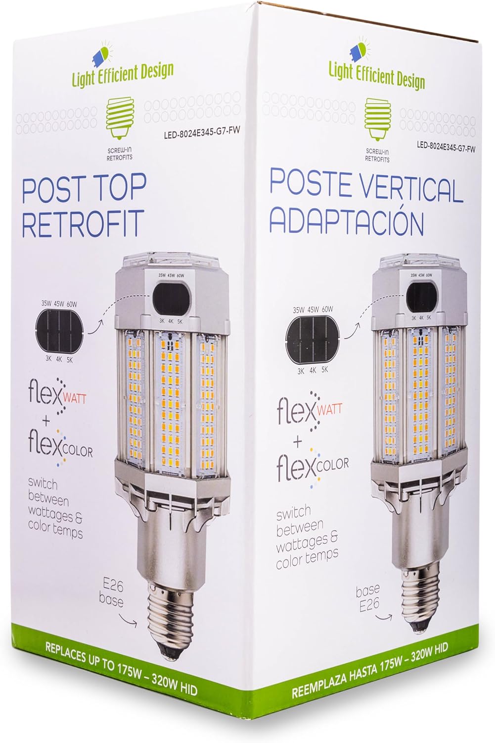 LED-8024E345-G7-FW LED Post Light Top - Wattage Selectable 35W, 45W, 60W, 120-277V, Color Selectable 3000K, 4000K, 5000K, Dimmable, E26 Base, 80 CRI, 5140-8870 Lumens