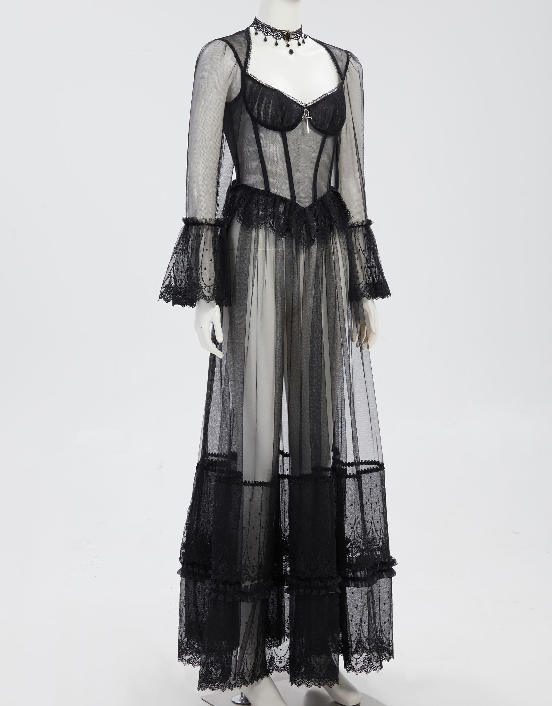 MEOWCOS Halloween Gothic Vampire Cosplay Dress Black Lace Semi-Transparent Long Dress with Choker