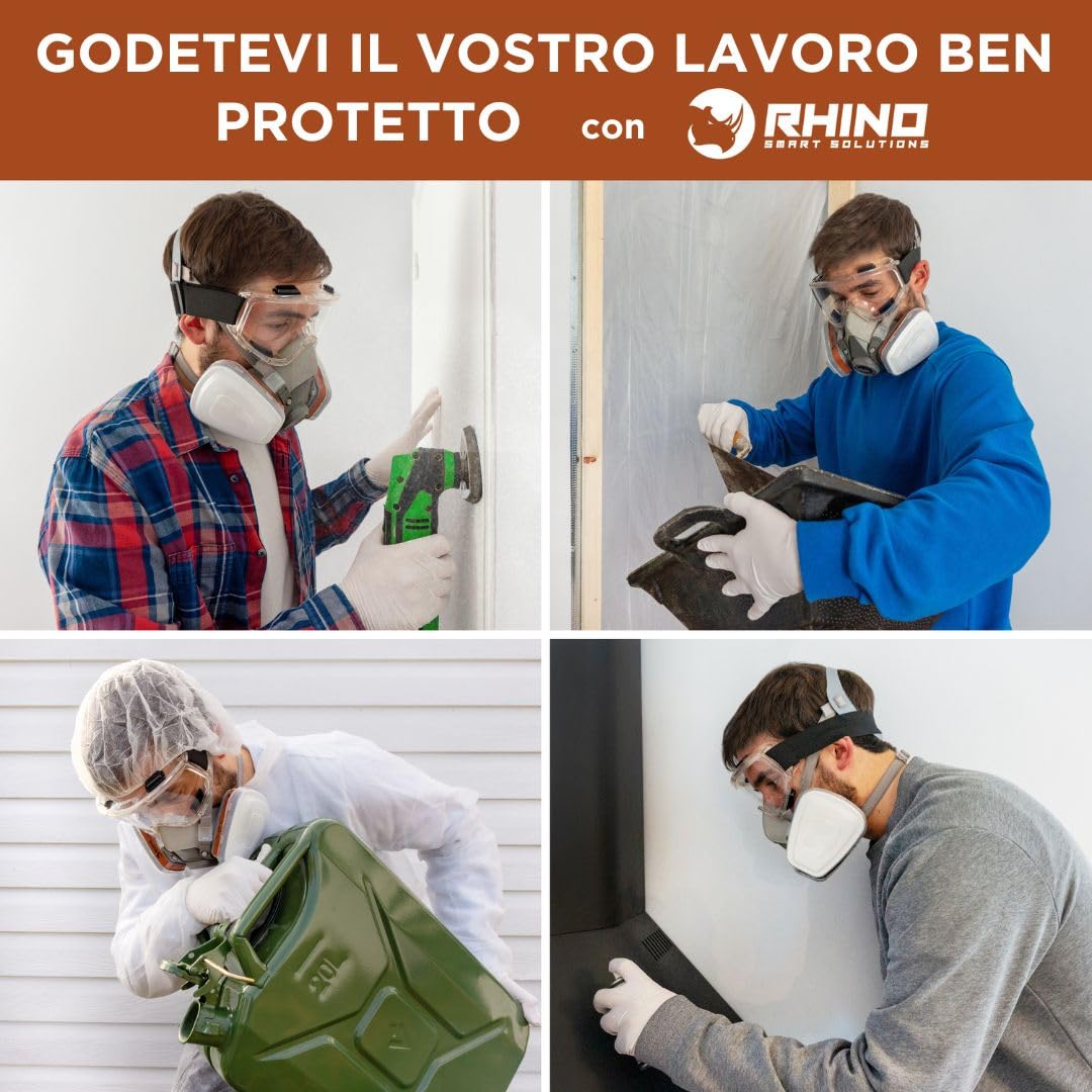 RHINO Smart Solutions Maschera Antigas A1 con Filtri, Occhiali, Guanti di Sicurezza | Maschera Antipolvere, Verniciatura, Spruzzo, Lavoro Protettiva, Resina Epossidica con Carboni Attivi