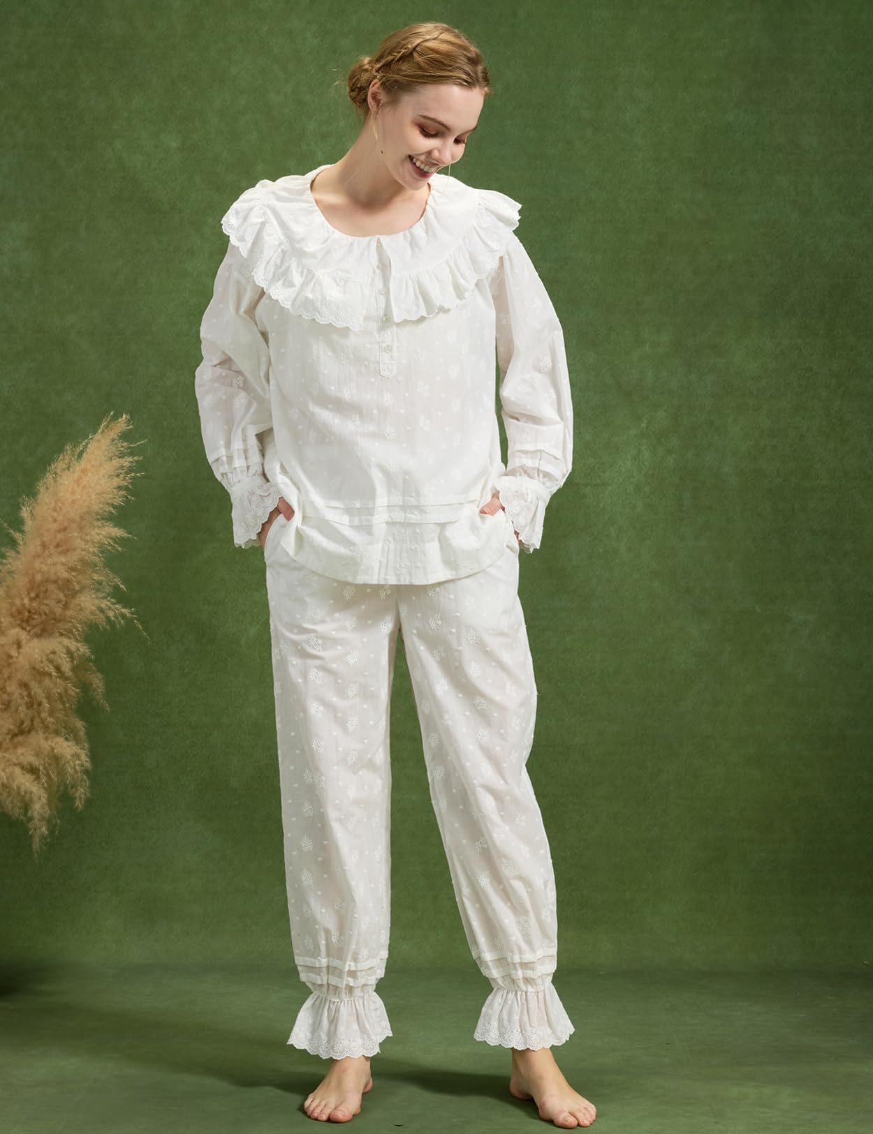 BEAUTELICATE Pantalones de Pijama para Mujer Estilo Vintage Victoriano Pantalones Largos de Algodón con Volantes Cómodos Blanco