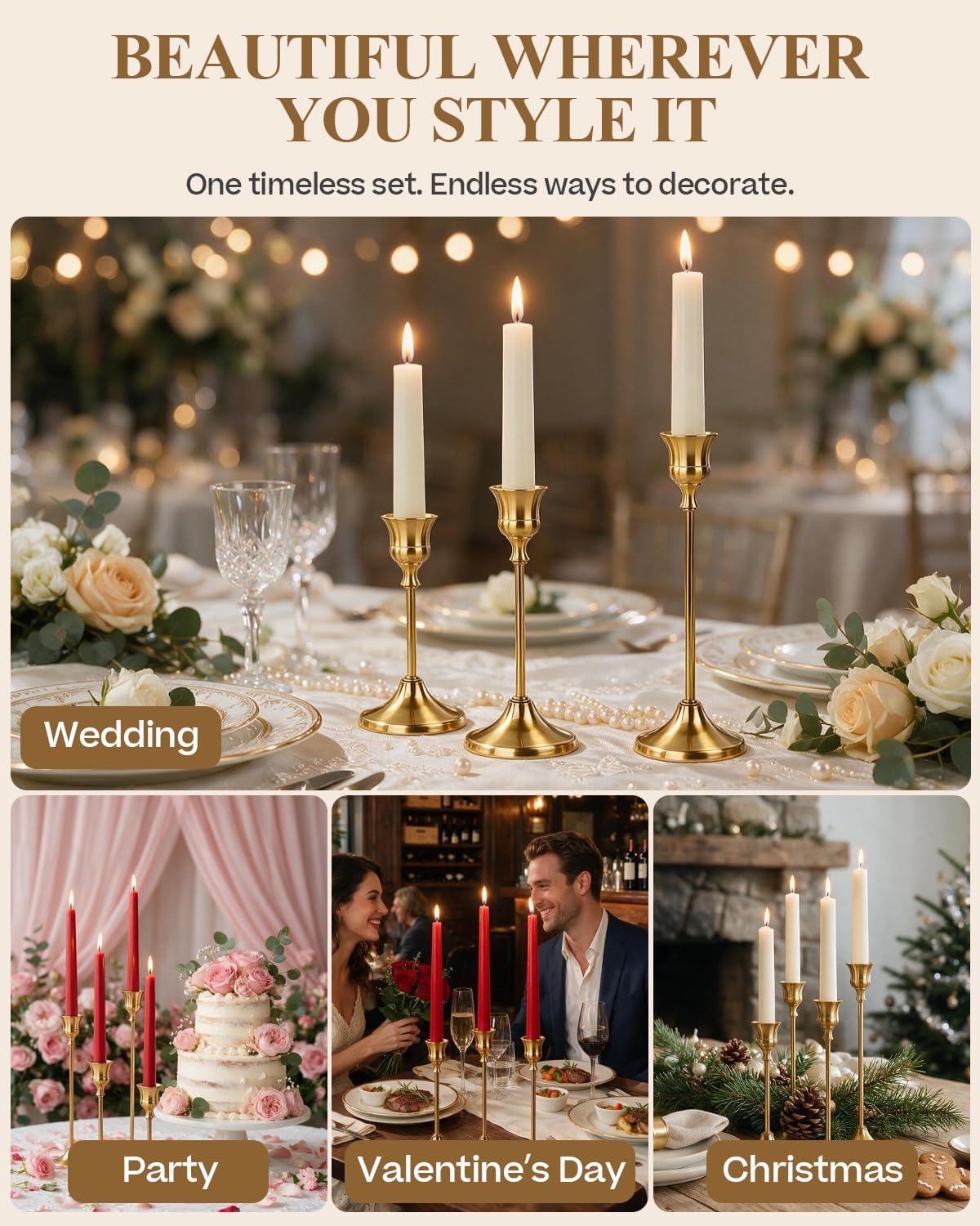 24PCS Brass Gold Taper Candle Holders Set, Vintage Candle Holder