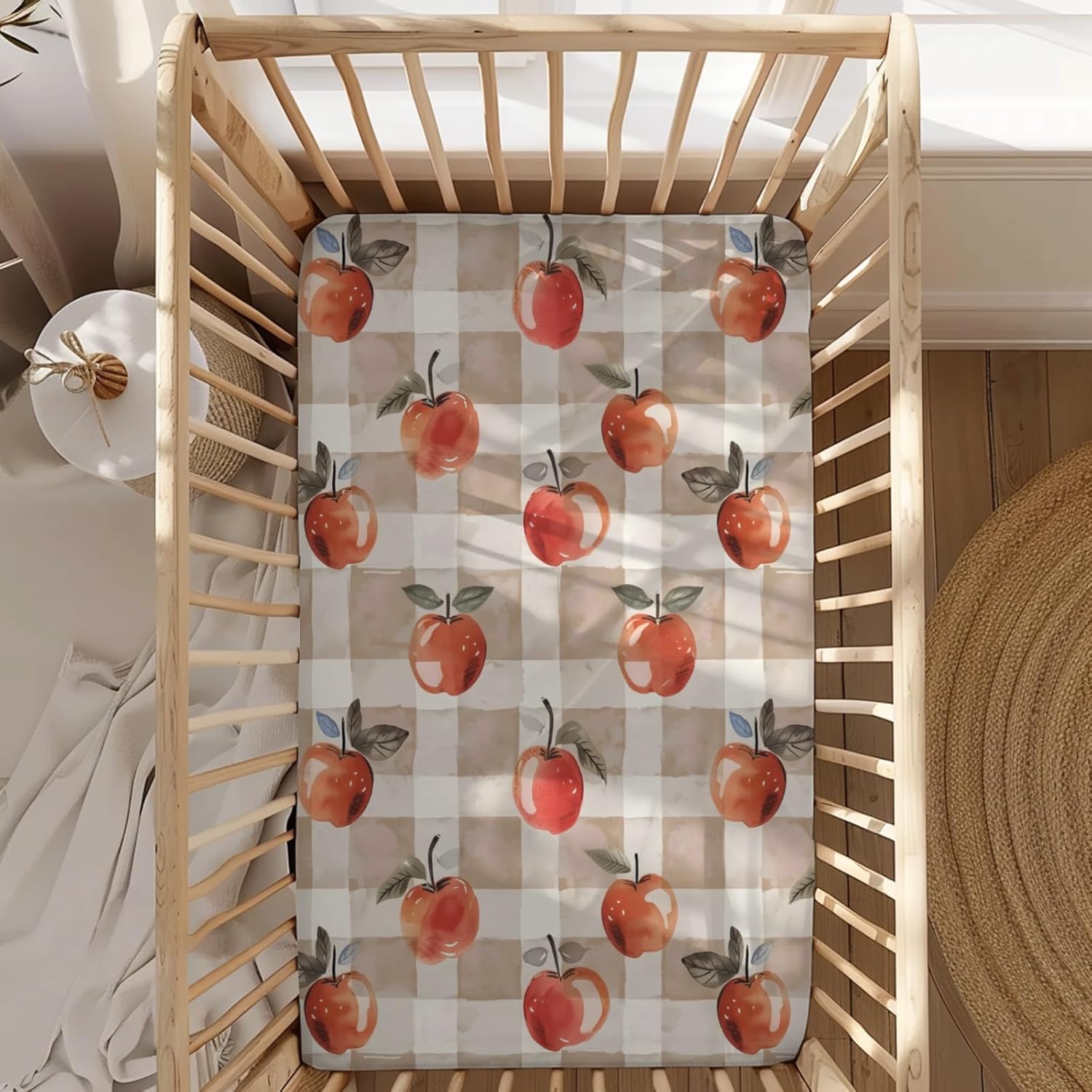 Watercolor Apples Checkered Fall Theme Pattern Baby Sheets for Crib, Unisex Fruits Nursery Fitted Bed Sheet for Boys Girls Standard Crib and Toddler Mattress-28x52