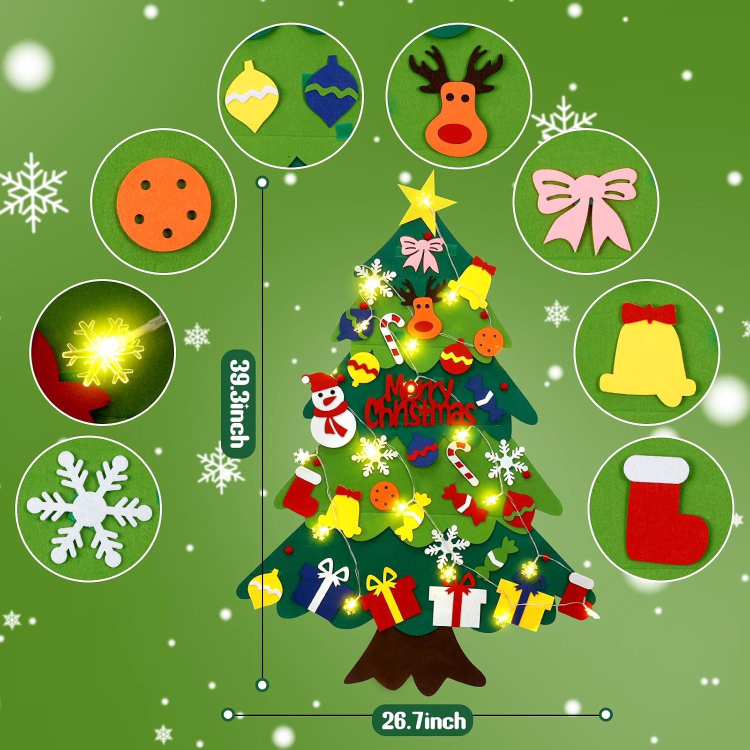 YEAHBEER Felt Christmas Tree for Toddlers, 3.2FT Felt Christmas Tree for Kids, 32 Detachable Ornaments, Toddlers Wall Hanging Decorations, Luminous Snowflake Bulb, DIY Xmas Tree Decor image 3