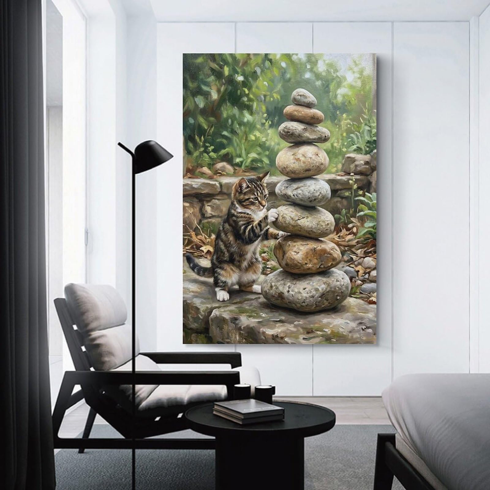 Junmoney Kitten Playing with Stacked Stones Hanging Wall Art, 24x36inch(60x90cm), for New Homes, Bedrooms Or Workspaces, Thoughtful Wall Decor for Art Lovers