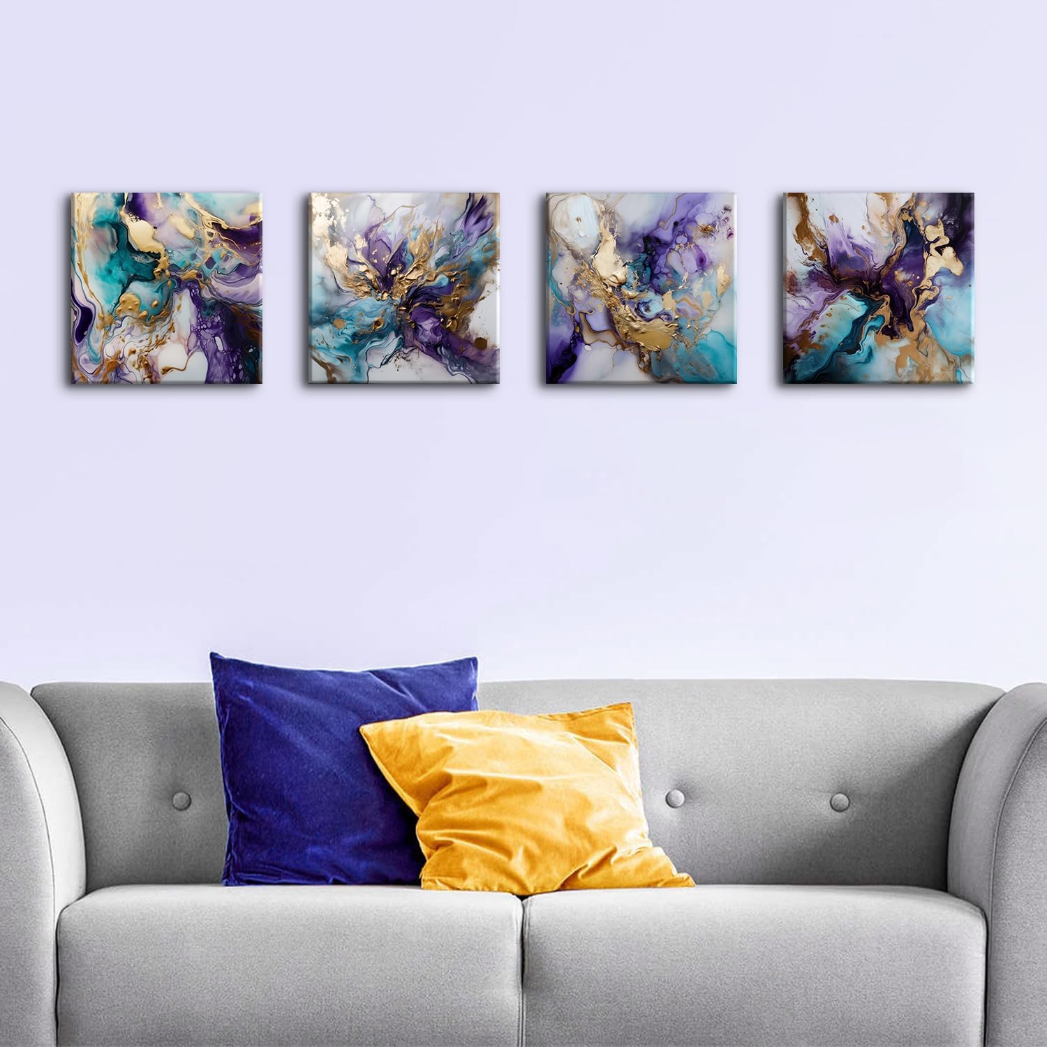 Purple Abstract Wall Art for Living Room Purple and Gold Luxury Wall Decor Watercolor Fluid Texture Pictures Decor Modern Fantasy Minimalist Colorful Artwork for Bedroom Home Decorations 12x12 4Pcs