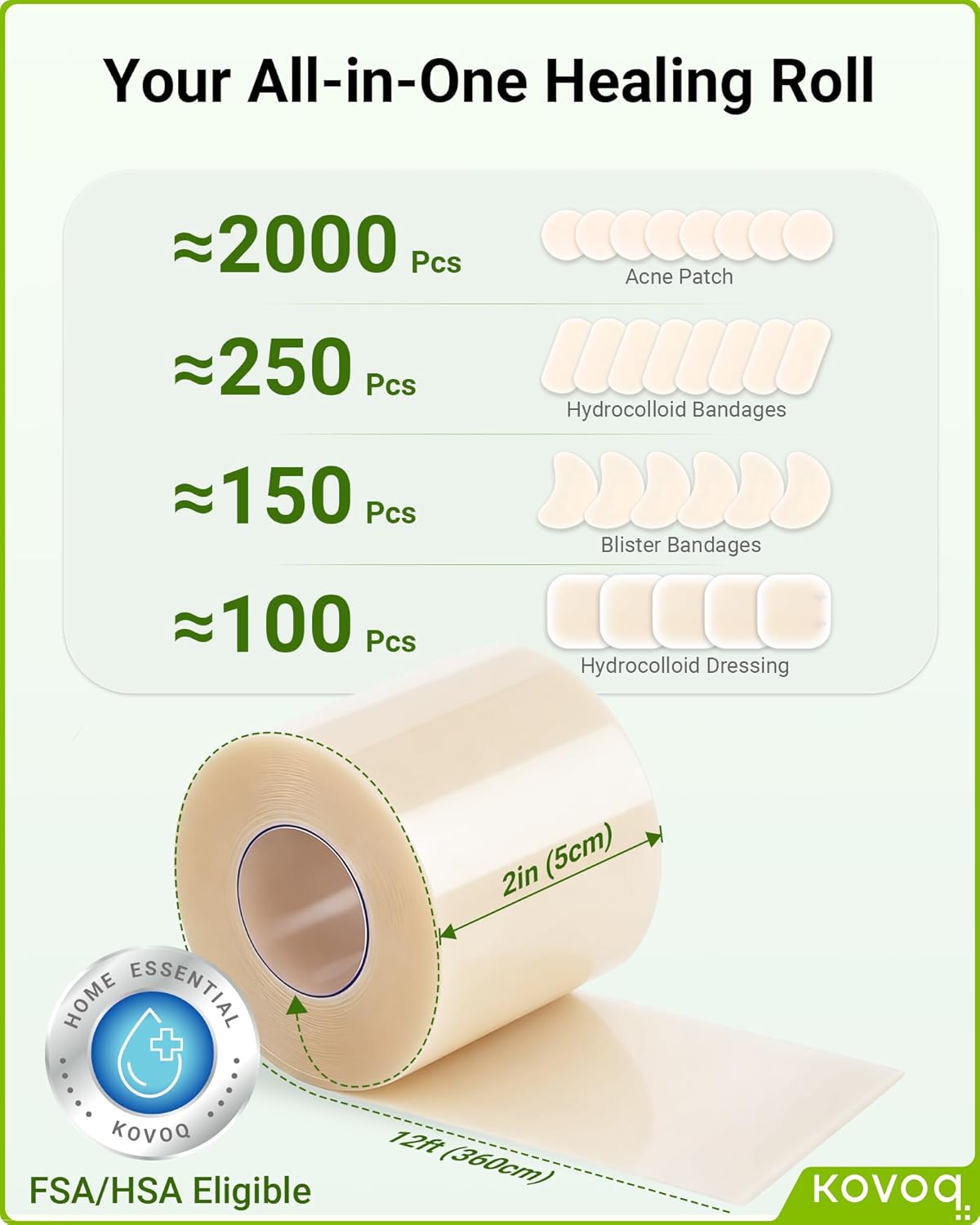 Large Hydrocolloid Roll Bandages 2IN *24FT, Kovoq Hydrocolloid Patches for Wound Care, Acne, Pimple, Nose, Face, Ultra Absorbent with DIY Size Shape Tools Scissor and Tweezer (2in * 12ft * 2 Rolls)