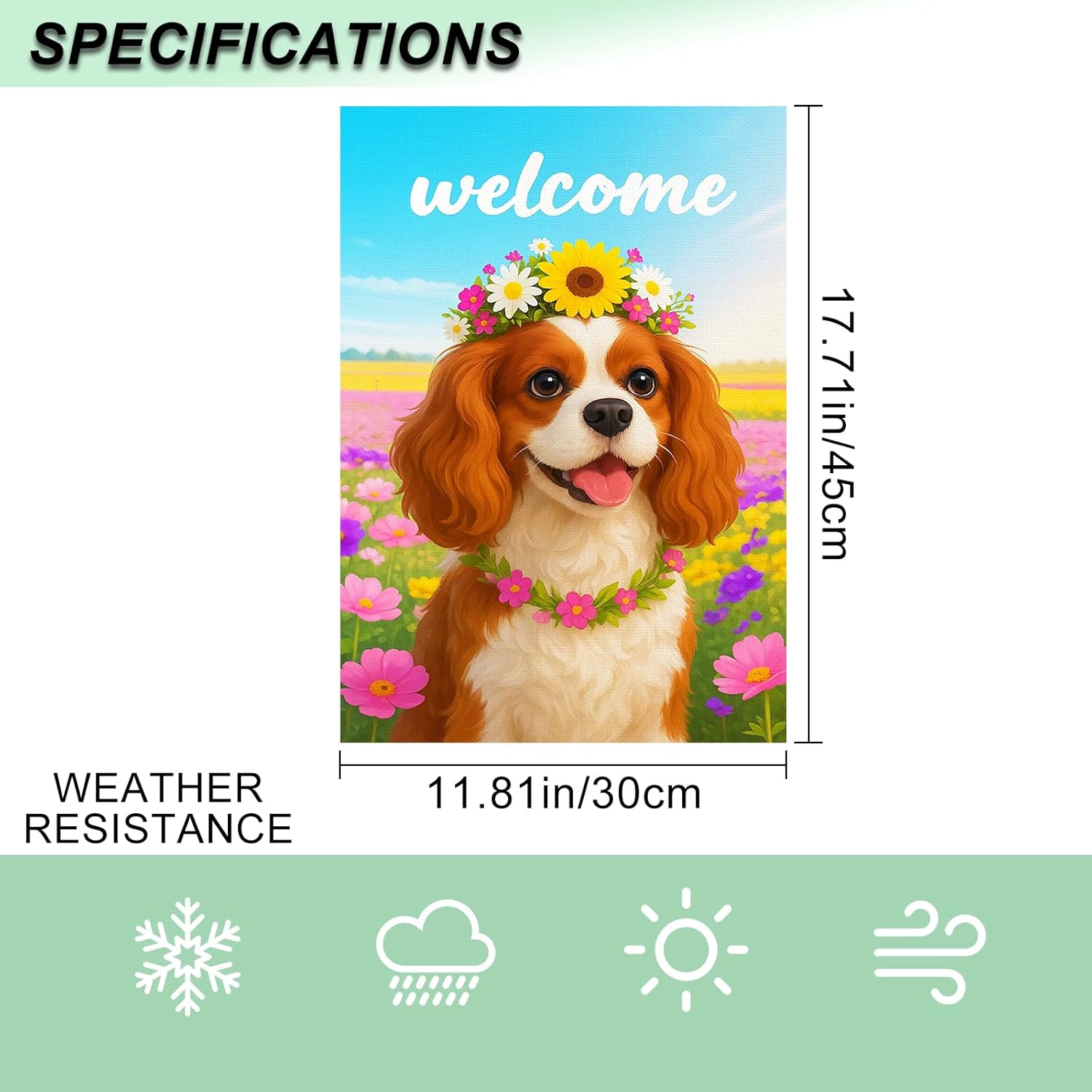 IVN Cavalier King Charles Spaniel Dog Spring Garden Flag 12x18 Inch Cavalier Cav Puppy Flower Crown Sunflower Daisy Pink Wildflowers Floral Double Sided Vertical Small Yard Flag Seasonal Outdoor Decoration for Outside Home Front Door Lawn Porch Patio Welcome Spring Summer Decor - Image 3