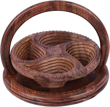 Foldable Walnut Basket for Fruit, Wood Carving Collapsible Plate 04-W