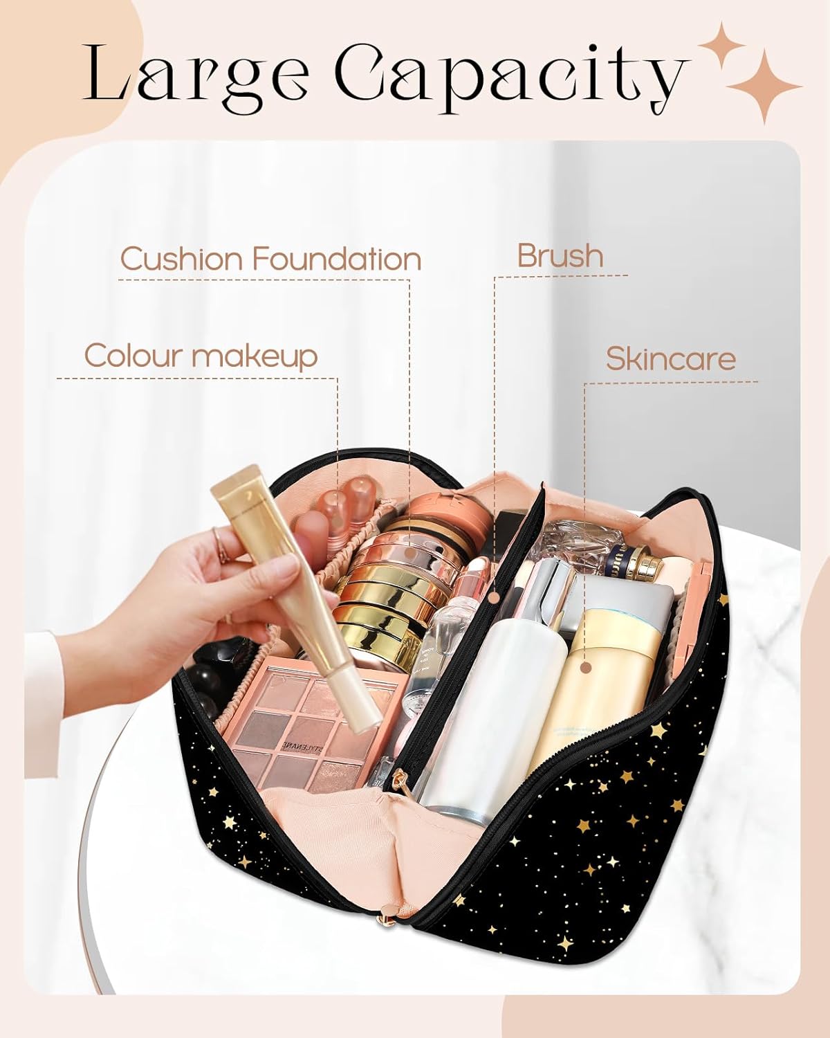 Bistup Makeup Bag Travel Cosmetic Bag Toiletry Make Up Bags Cute Women Large Capacity Big Medium Leather Sun Moon Aesthetic Portable Teen Girls Teenage Foldable Expandable Compact Open Flat Zip - Image 6