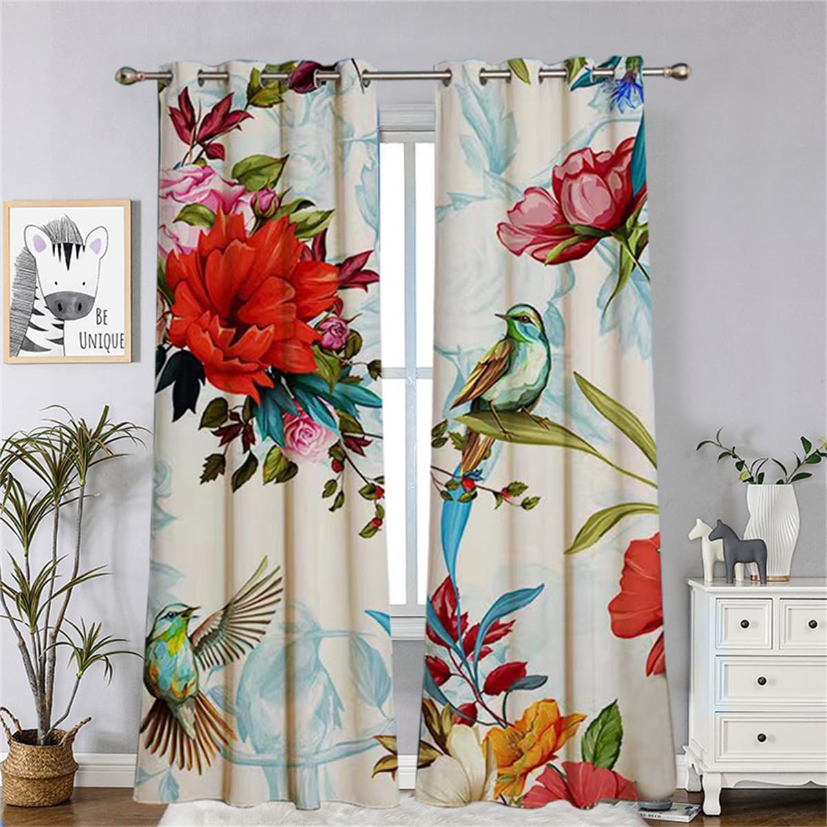 Koudi Floral Blackout Curtains Birds Flowers Decor Darkening Window Curtain Drapes with Grommet Thermal Insulated Curtain Panels for Bedroom Living Room Dining Room, 2 Panels, 52x96 Inch