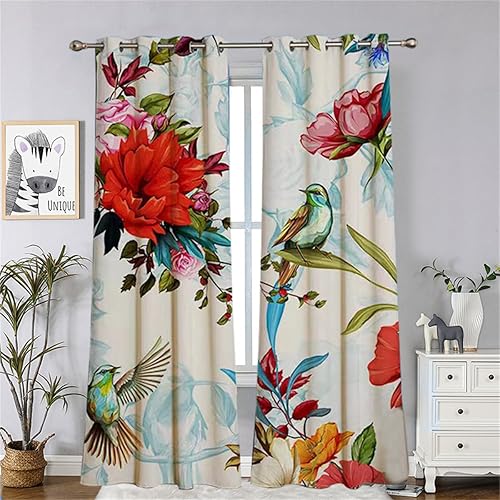 Miniatura 2 de Koudi Cortinas opacas con diseño floral, decoración de pájaros y flores, cortinas de oscurecimiento con ojales, paneles de cortina con aislamiento