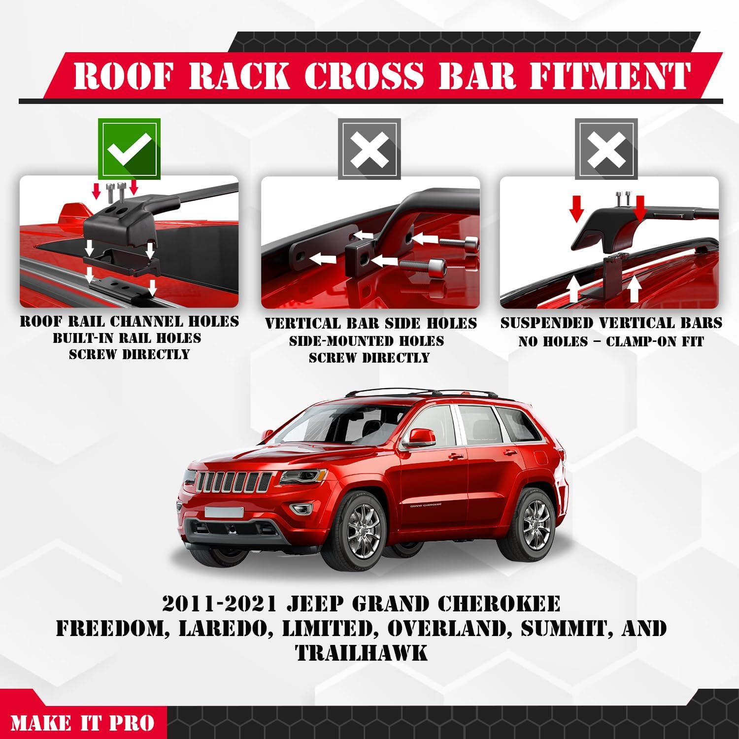 KitsPro 260lb Roof Rack Cross Bars for 2011-2021 Jeep Grand Cherokee (ONLY FIT Factory Grooved Side Rails), Matte Black Heavy Duty Aluminum Cargo Crossbar Grand Cherokee 2011-2021