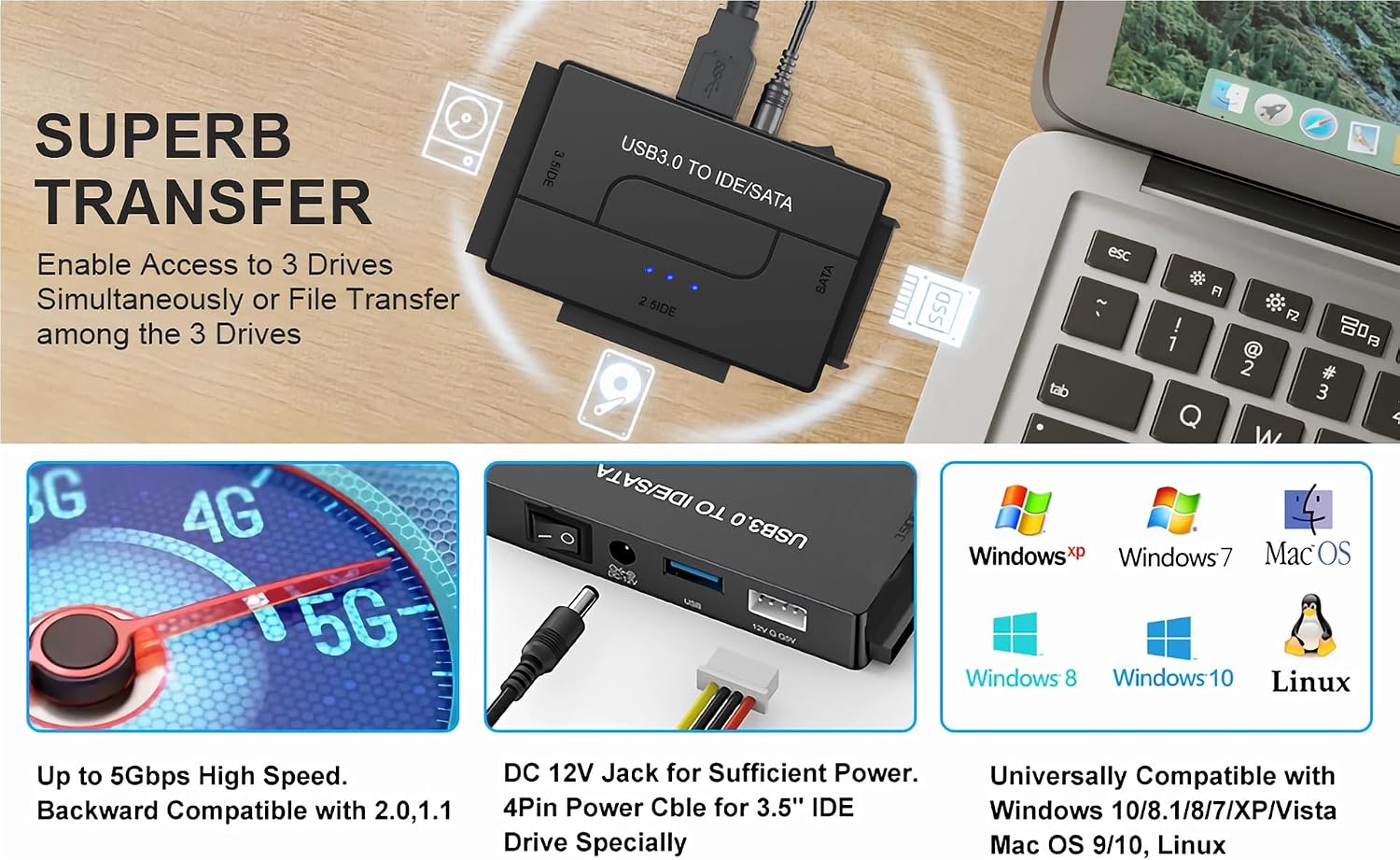 SATA/IDE to USB 3.0 Hard Drive Adapter, EYOOLD Ultra Recovery Converter for Universal 2.5 3.5 Inch SATA and IDE HDD, SSD 5.25-Inch DVD/CD-ROM Optical Drive
