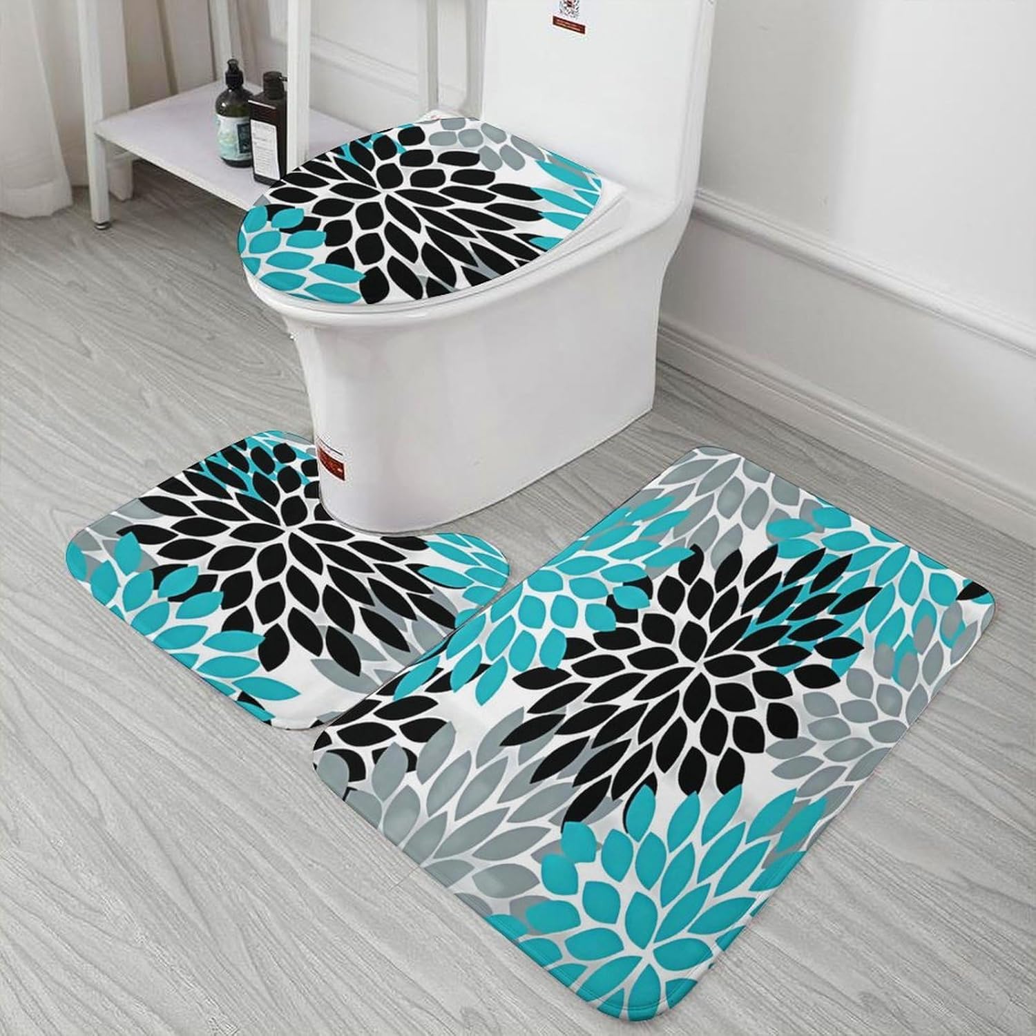 Dahlia Pinnata Flower Floral Blue White 3-Piece Bathroom Rug Set Non-Slip Toilet Mat Absorbent Bath Rug Set Shower Mat Bathroom Special.