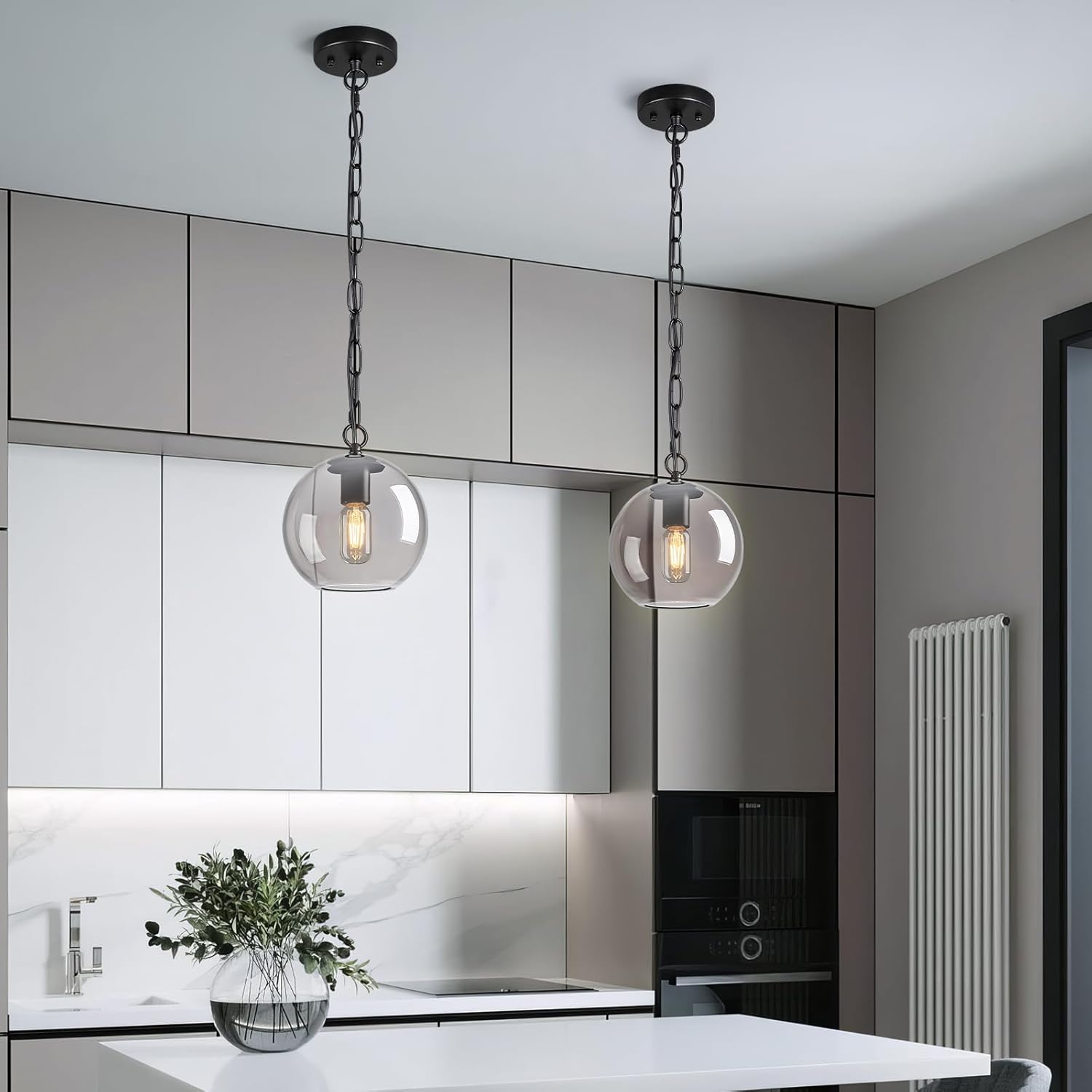 Smoke Gray Pendant Light Fixtures, Modern Farmhouse Ceiling Hanging Lights Brass Finish Chain Globe Pendant Lights for Kitchen Island Dining Room Bedroom Light Fixture(7.87in, 2-Pack)