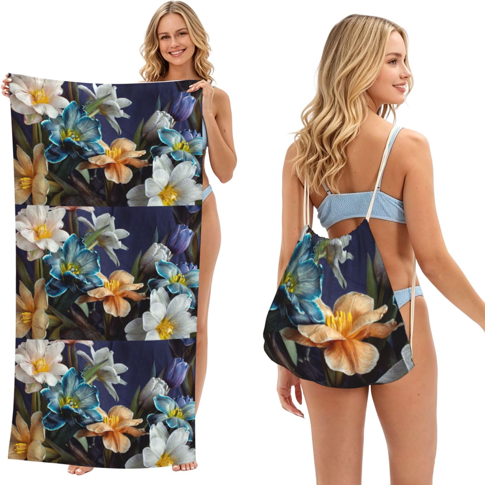 Poadnly Tulip Floral Pattern, 2 in 1 Packable Towel Bag, Beach Towels with Drawstring Backpack for Travel Holiday Camping