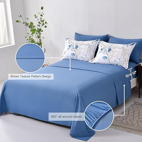 Miniatura 4 de WONGS BEDDING 7 Piezas de Ropa de Cama Floral Azul en una Bolsa, Tamaño King, Juego de Edredón Botánico Reversible con Hojas Azules y Dorada, Juego