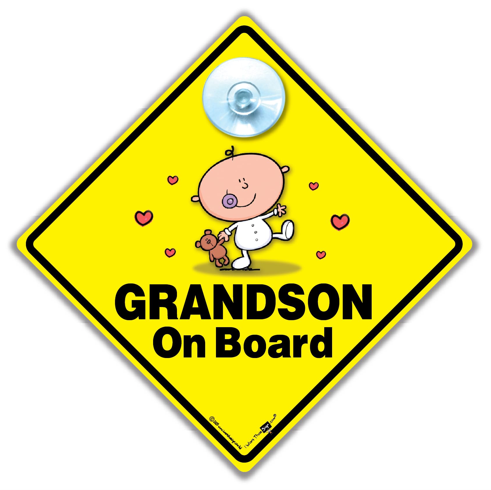 Grandson On Board Car Sign, 14 x 14 cm Yellow Baby on Board Sign, Reusable Suction Cup, UK Made