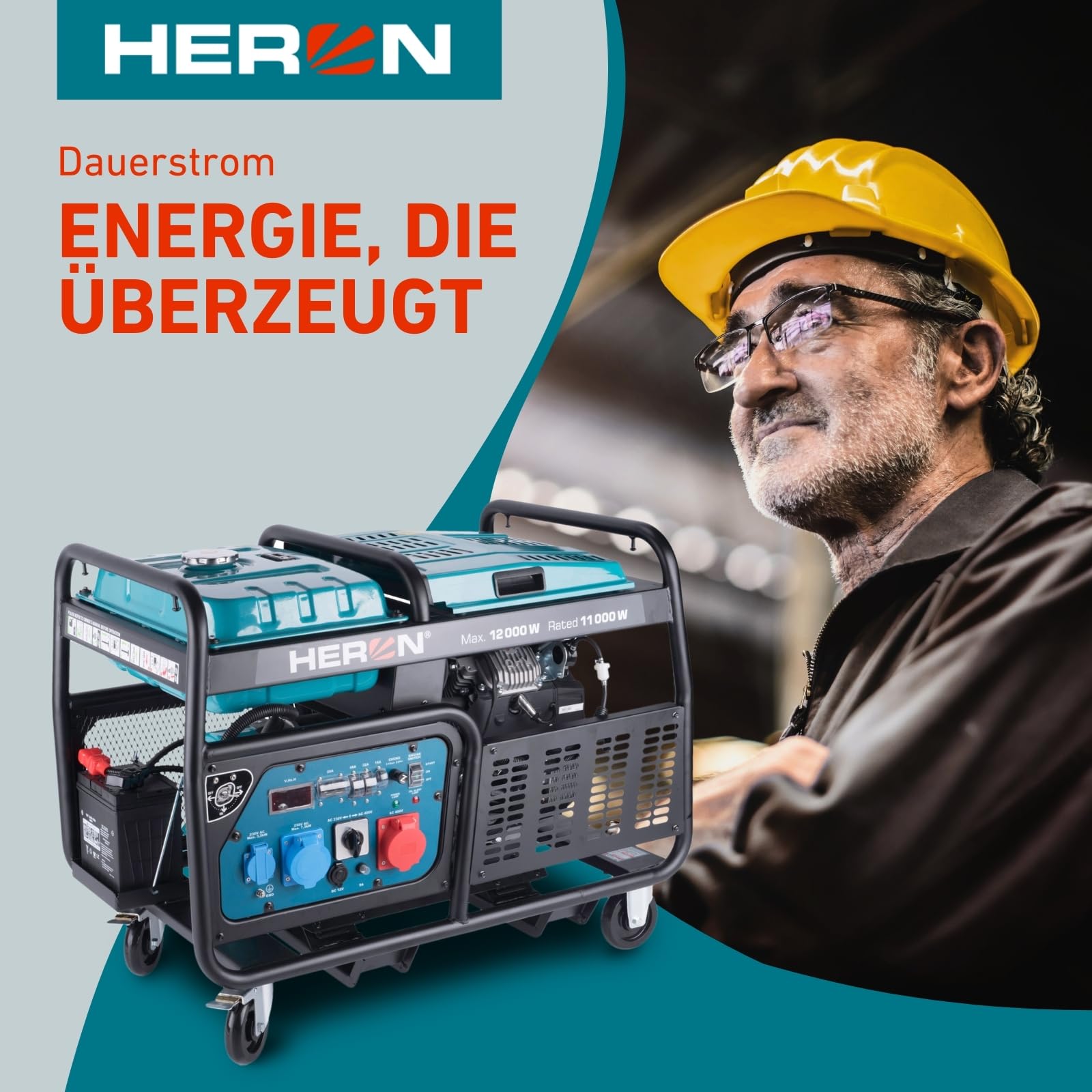 Heron Stromgenerator Benzin 23,5PS I 12 kW / 15kVa (400V) & 12kW (230V) I Stromerzeuger mit 30L Tank, Fahrgestell & Elektrostarter I mobiles Stromaggregat mit AVR-System