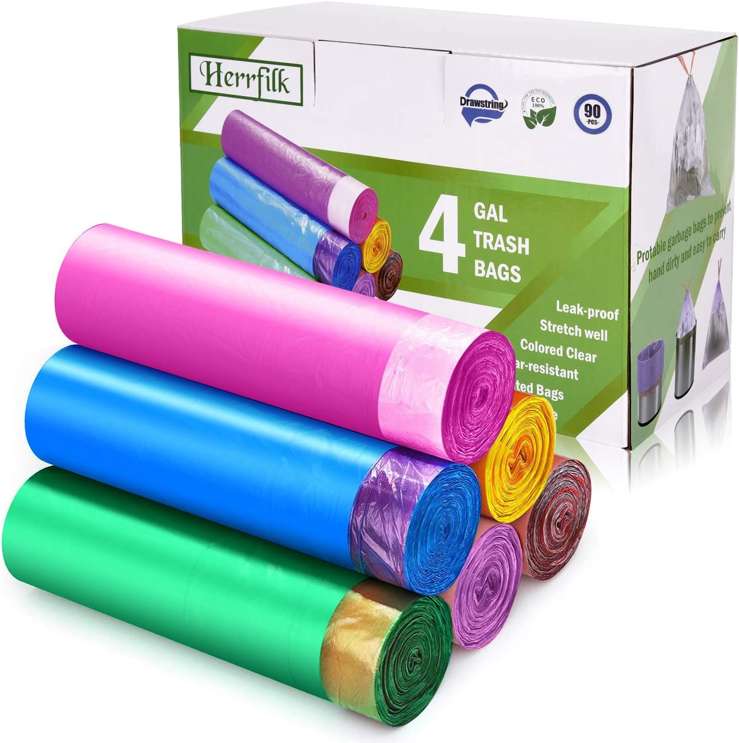 Small Trash Bags - Garbage Bags Kitchen, 4 Gallon Drawstring Trash Bags Heavy Duty for Office Home Household Waste, 15 Liter Bathroom Trash Can Liners (90 Count/6 Color)