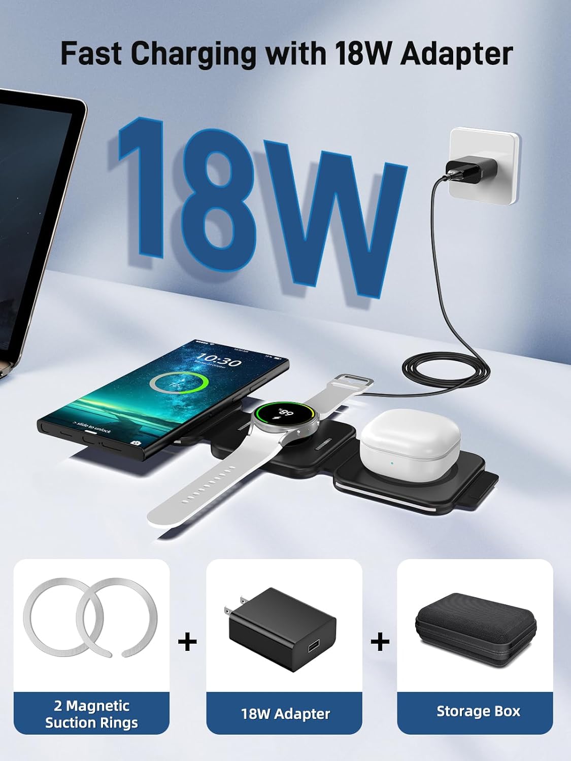 Magnetic Wireless Charger for Samsung, 3 in 1 Charging Station for Samsung Galaxy S25 Ultra/S24 Ultra, Magnetic Foldable Charger for Travel, Wireless Charging Pad for Galaxy Watch 7/Ultra/Buds 3/3 Pro - Image 3