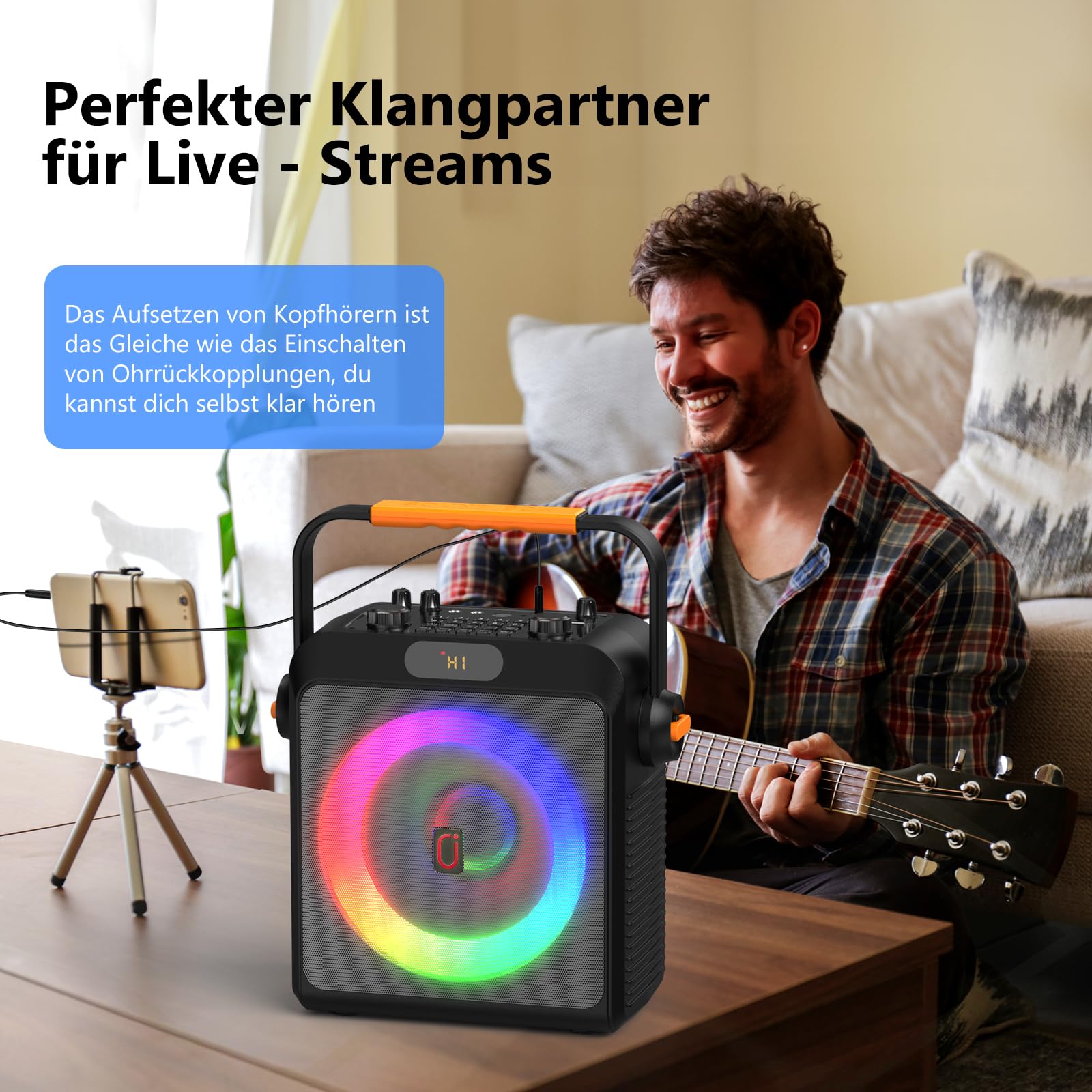 JYX Karaoke Anlage mit 2 Mikrofonen, Karaoke Maschine & tragbare Karaoke-Box mit Bluetooth 5.3, Bass- & Echo-Regler, TWS, USB, AUX, TF-Karte, für Partys und Outdoor, für Erwachsene und Kinde