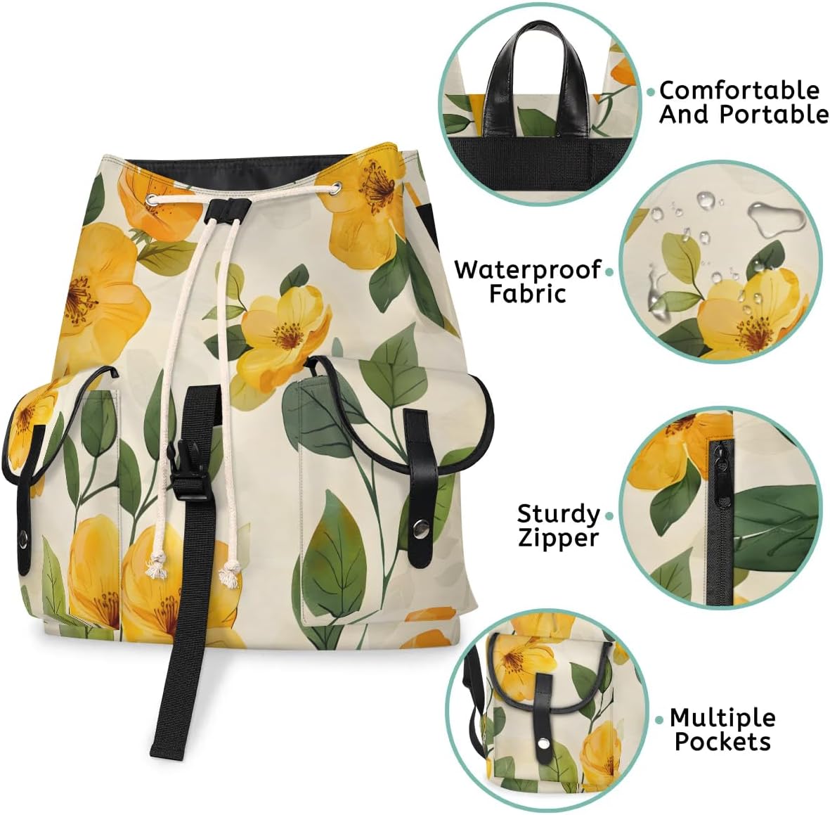 Carry on Backpack Yellow Flower Theme Lightweight Waterproof Travel Backpack for Men & Women, Vintage Laptop Backpack Ideal for Work, Travel & College (13x6.3x16.5 in)