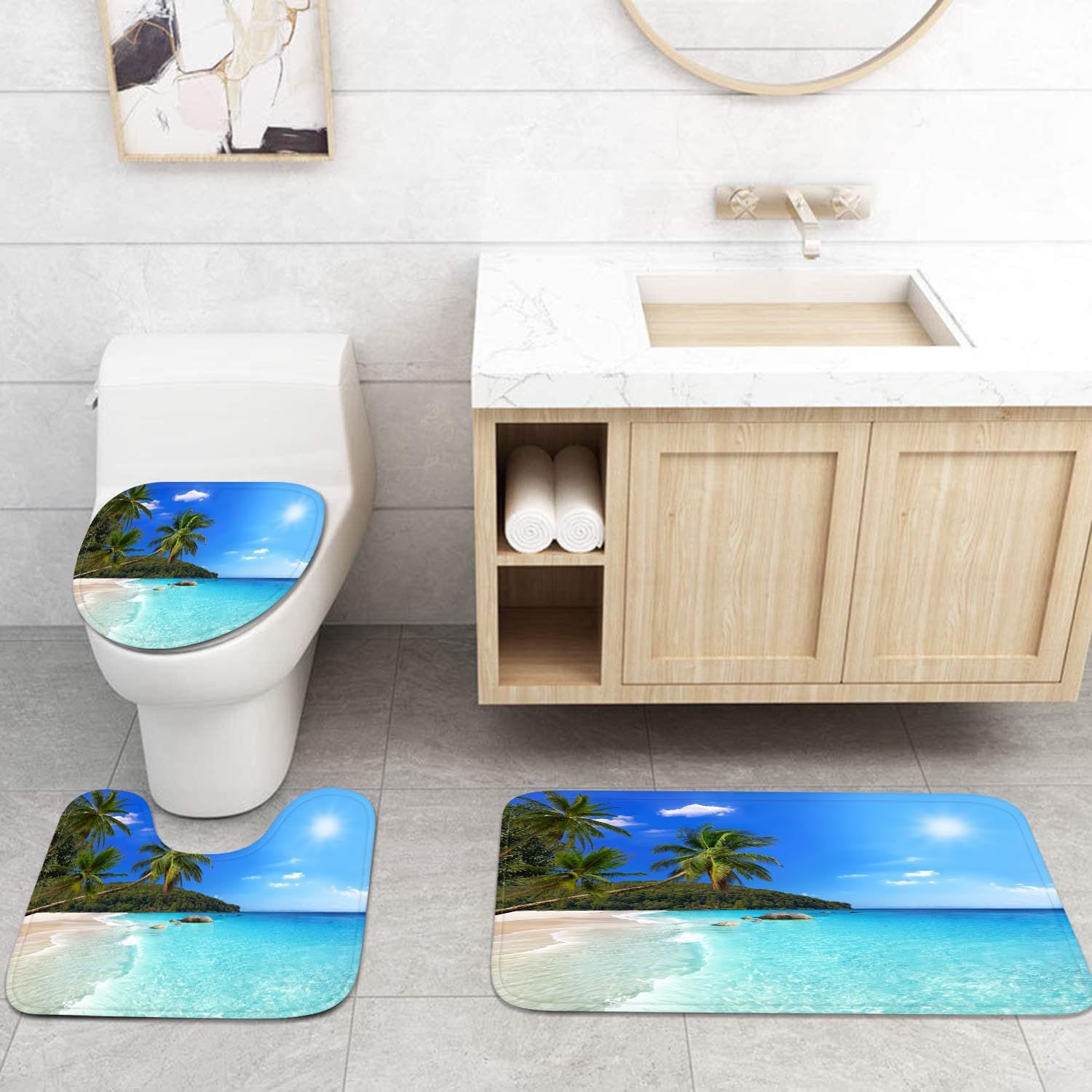 Britimes Lot De 4 Rideaux De Douche Avec 12 Crochets, Motif Arbre Tropical, Tapis Antidérapant, Housse D'abattant De Toilette Et Tapis De Bain