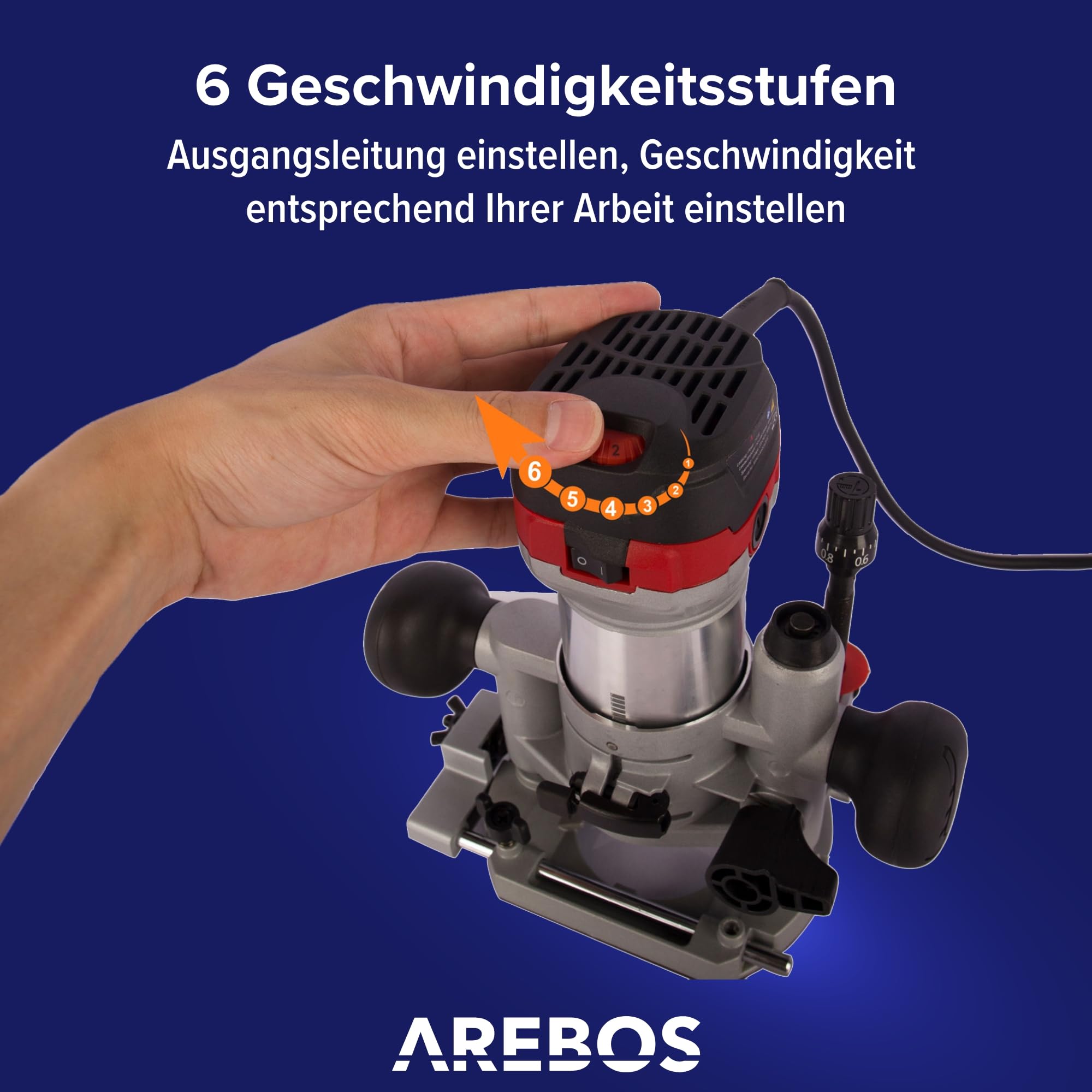 Arebos Oberfräse | Holz Fräse Fräsmaschine mit 6 Geschwindigkeitsstufen | 710W Spindelarretierung | Tauchbasis & Trimmer | Spannzange Ø 6 und 8 mm | mit Werkzeugtasche