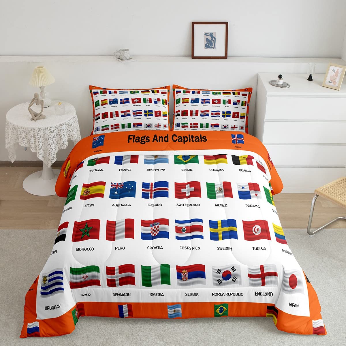 Juego de cama para niños con banderas del mundo edredón King educativo